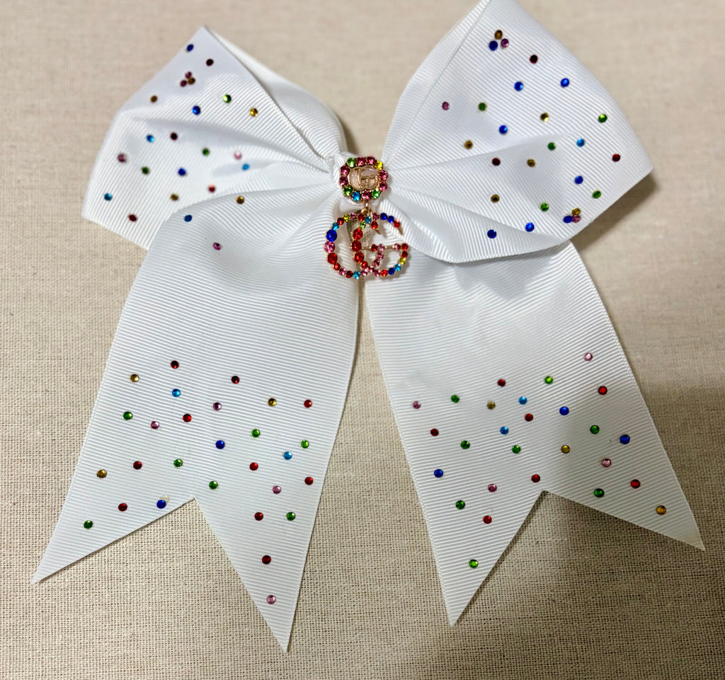 Elegant White Rhinestone Cheer Bow with Multicolor Sparkle Accent
