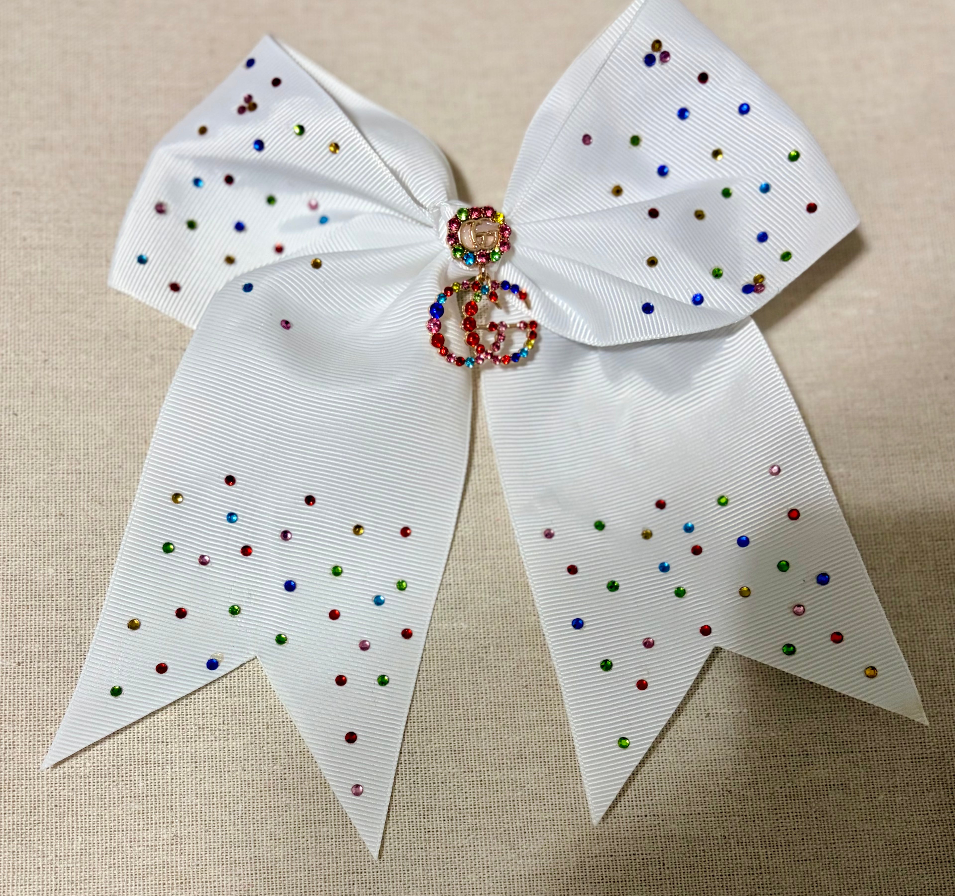 Elegant White Rhinestone Cheer Bow with Multicolor Sparkle Accent