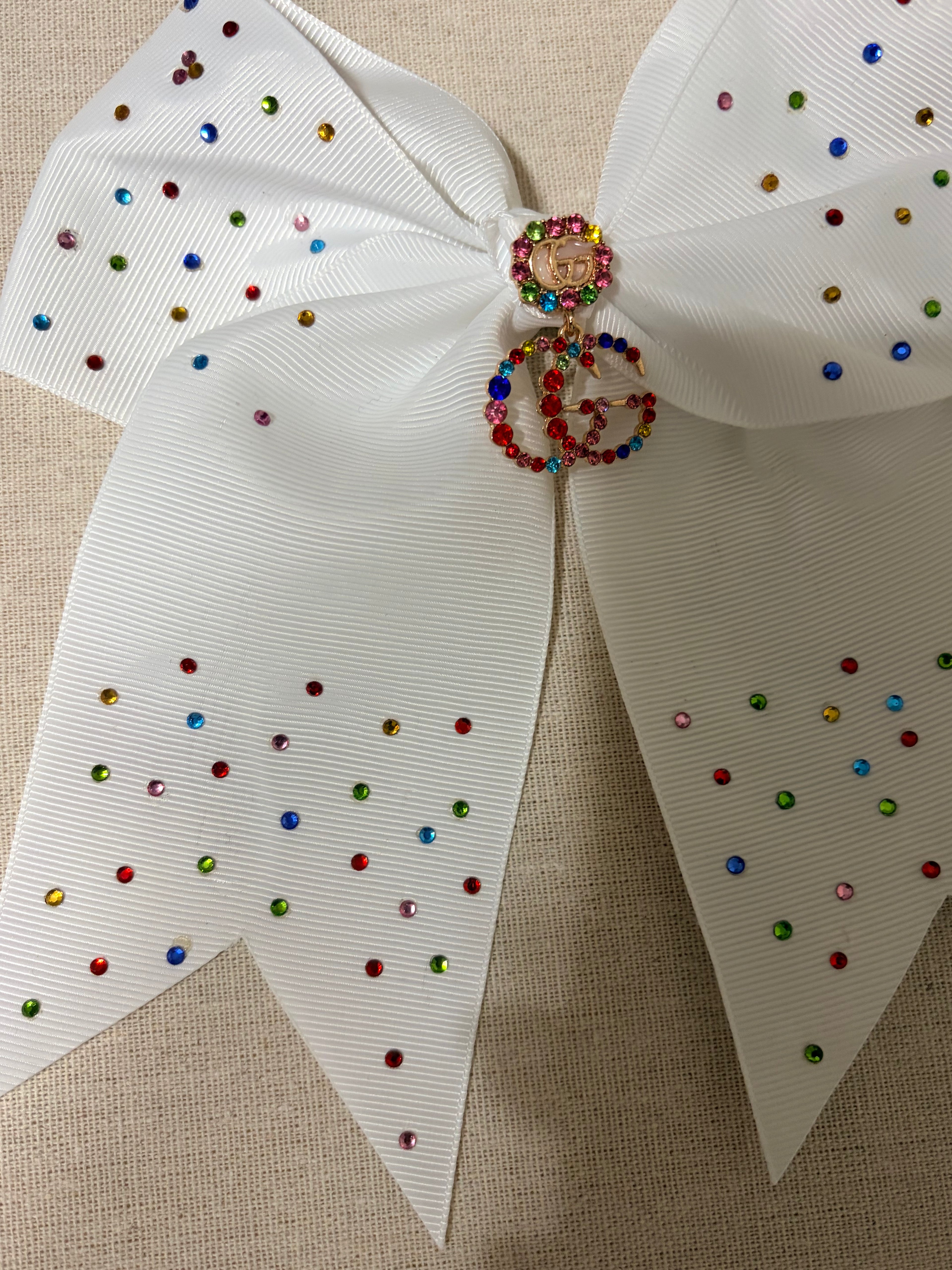 Elegant White Rhinestone Cheer Bow with Multicolor Sparkle Accent