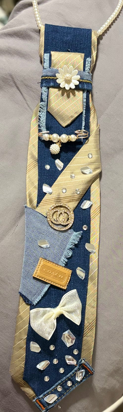 💎 The "Gilded Indigo" Ex-Long Denim Upcycled Statement Tie ✨ One-of-a-Kind