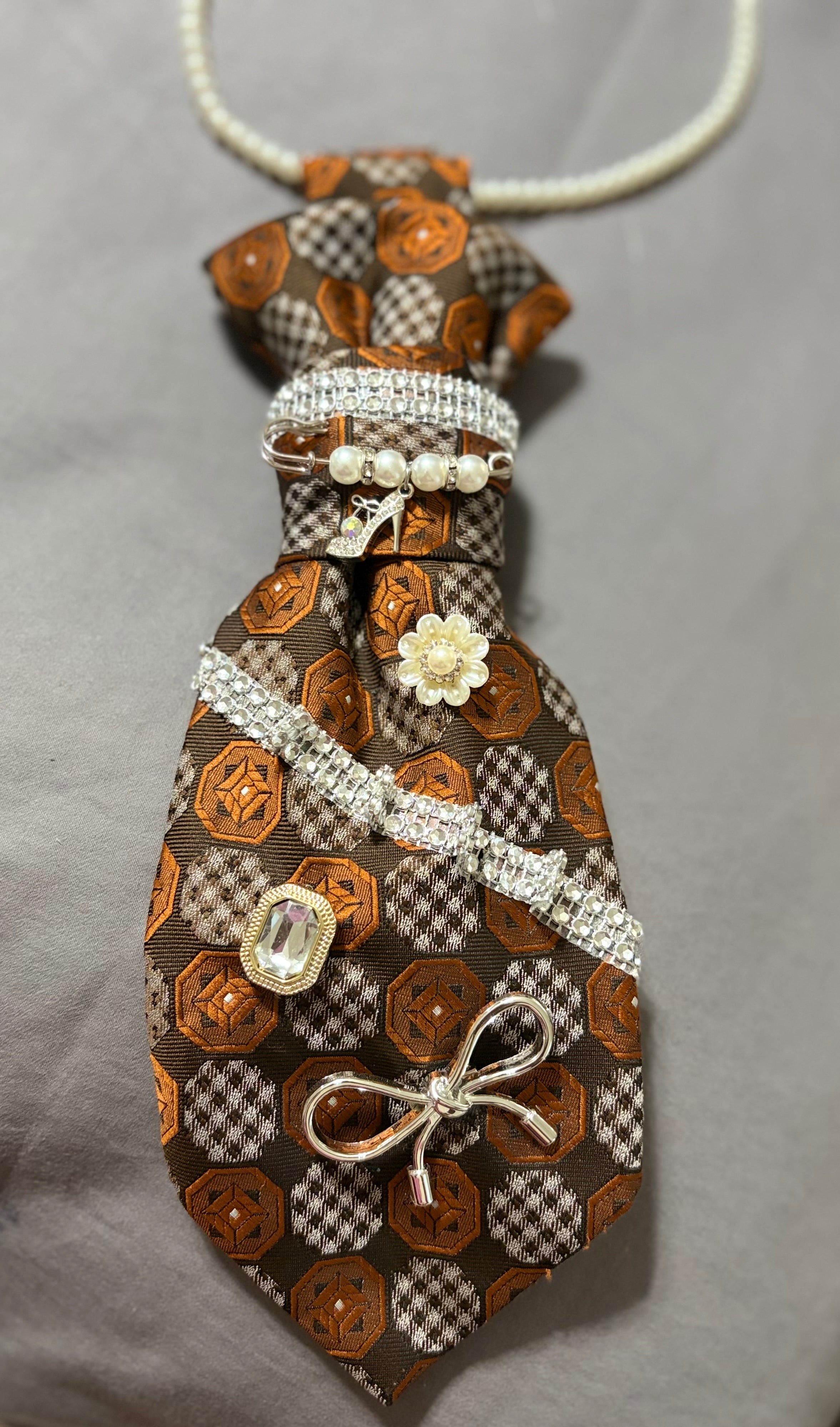 🤎 The Chocolate Diamond Luxury Mixed Media Medium Statement Tie ✨ pearls