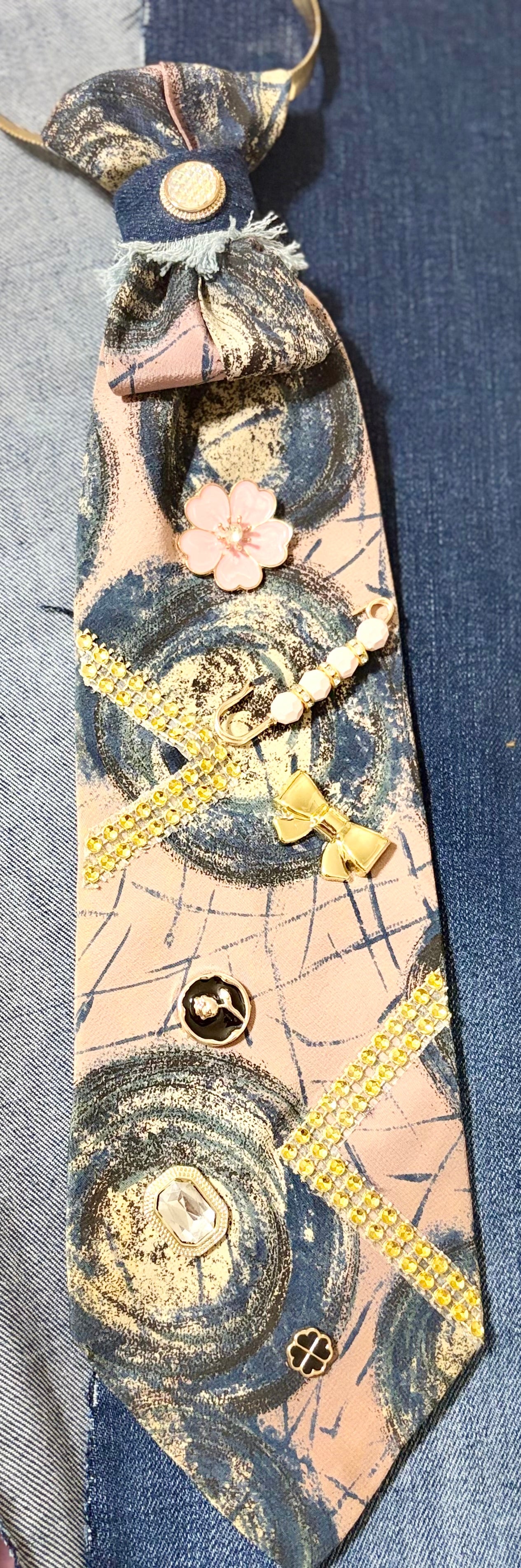 🌸 The Denim & Dusty Rose Mixed Media Long Customized Statement Tie ✨