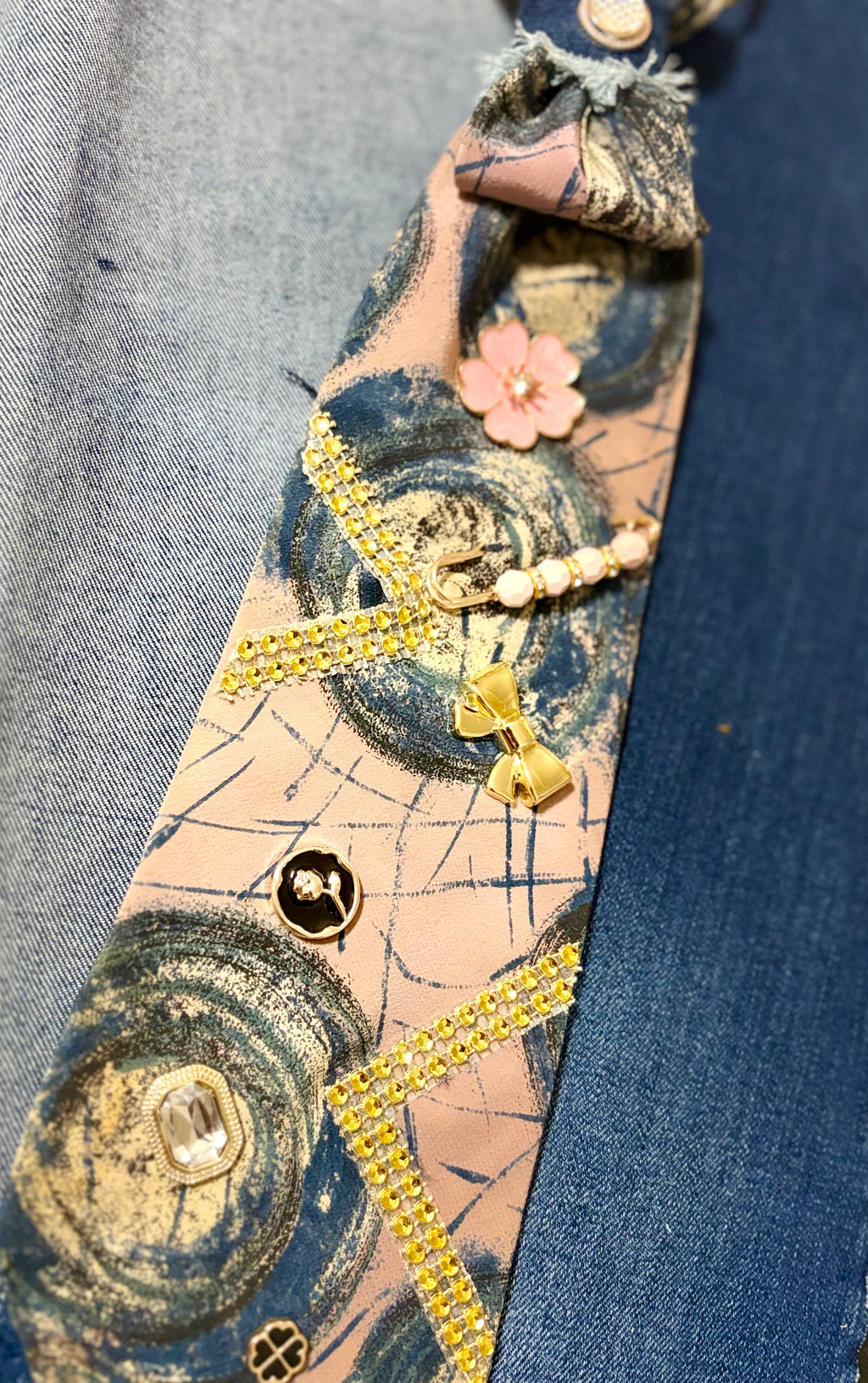 🌸 The Denim & Dusty Rose Mixed Media Long Customized Statement Tie ✨