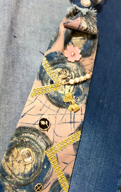 🌸 The Denim & Dusty Rose Mixed Media Long Customized Statement Tie ✨